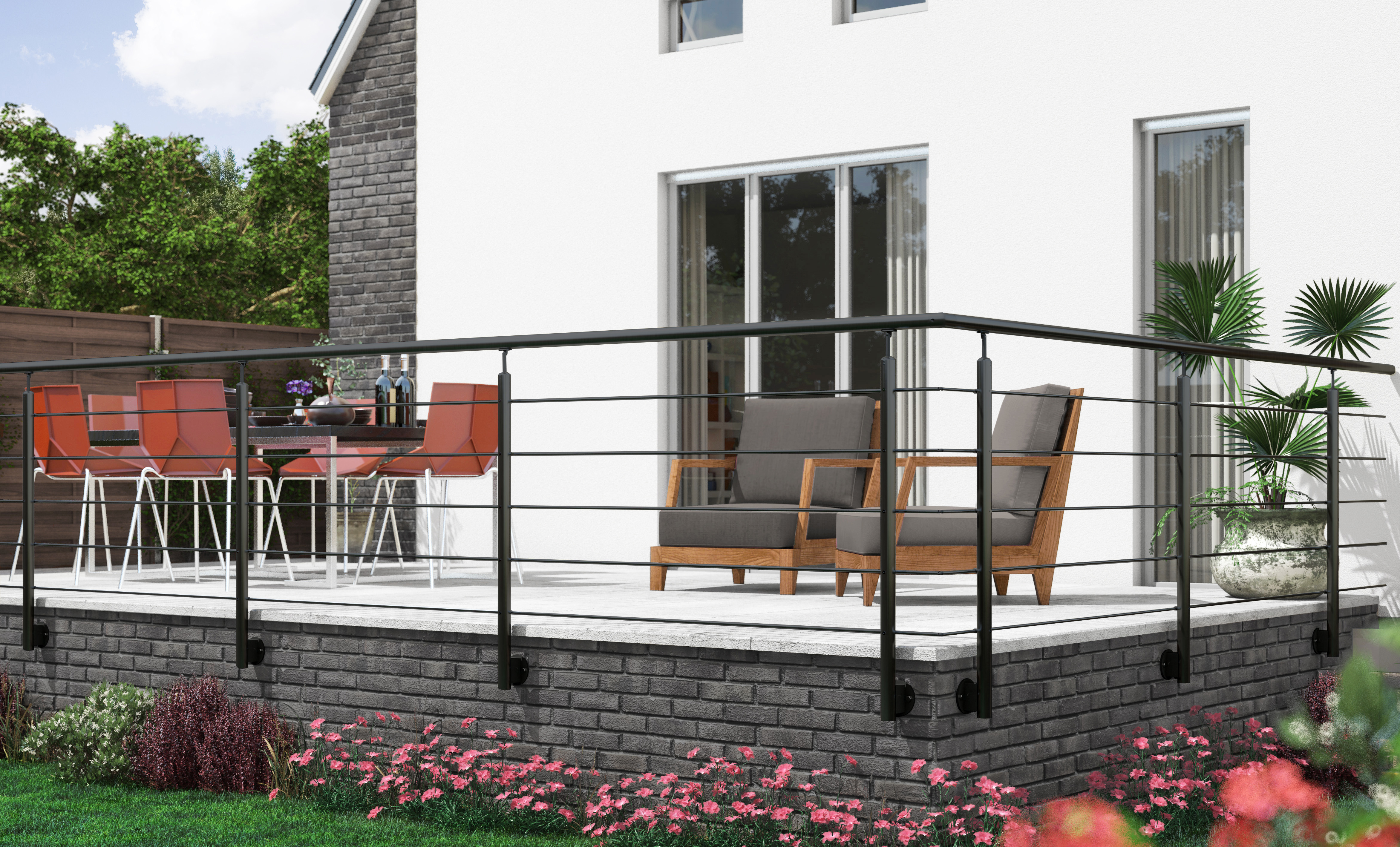 Garde-corps CLEAN BLACK : design minimaliste en aluminium, résistante aux intempéries, packs modulaires de 150 cm.