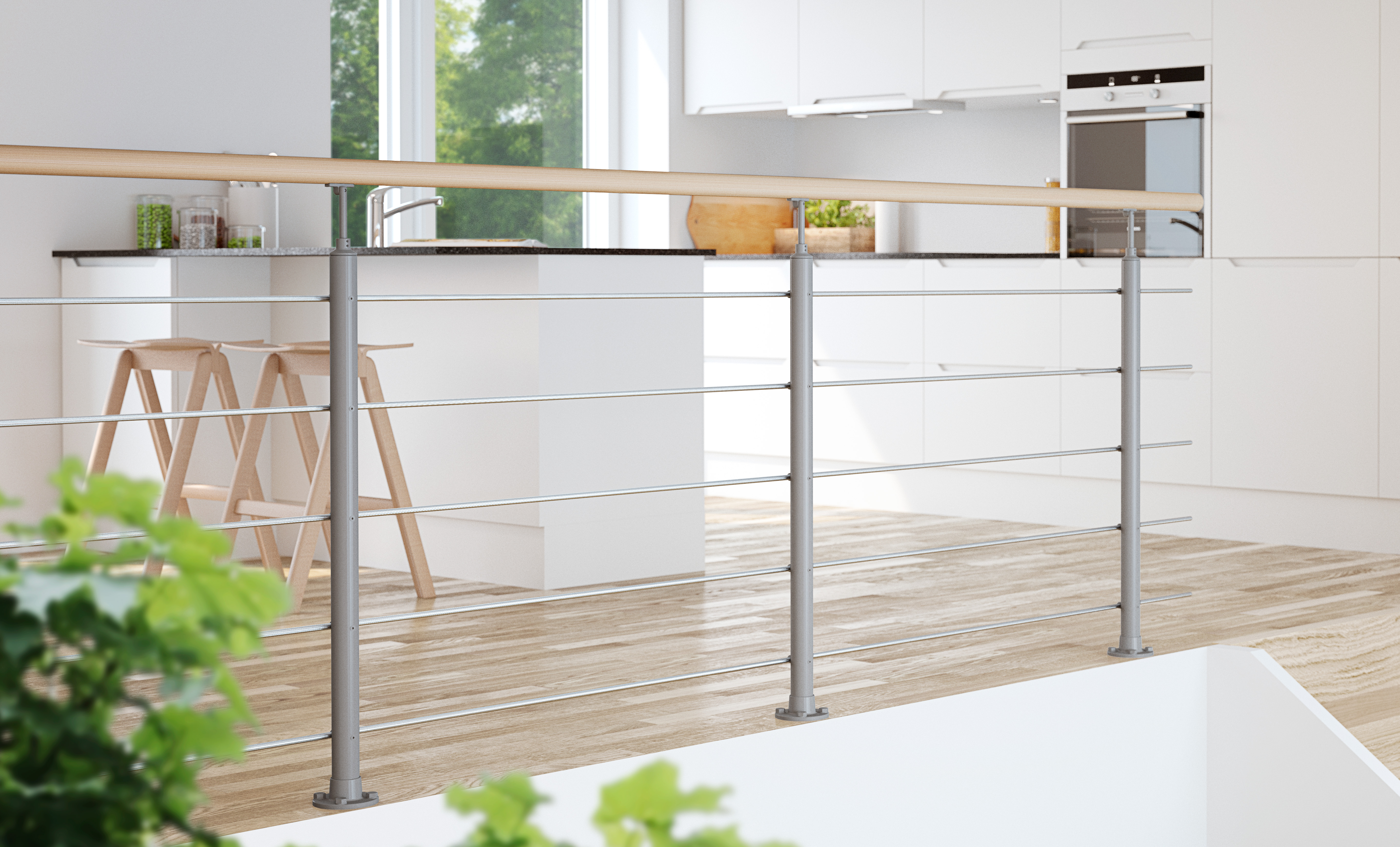 Garde-corps INTERIO : design élégant en bois et acier, fixation murale ou au sol.