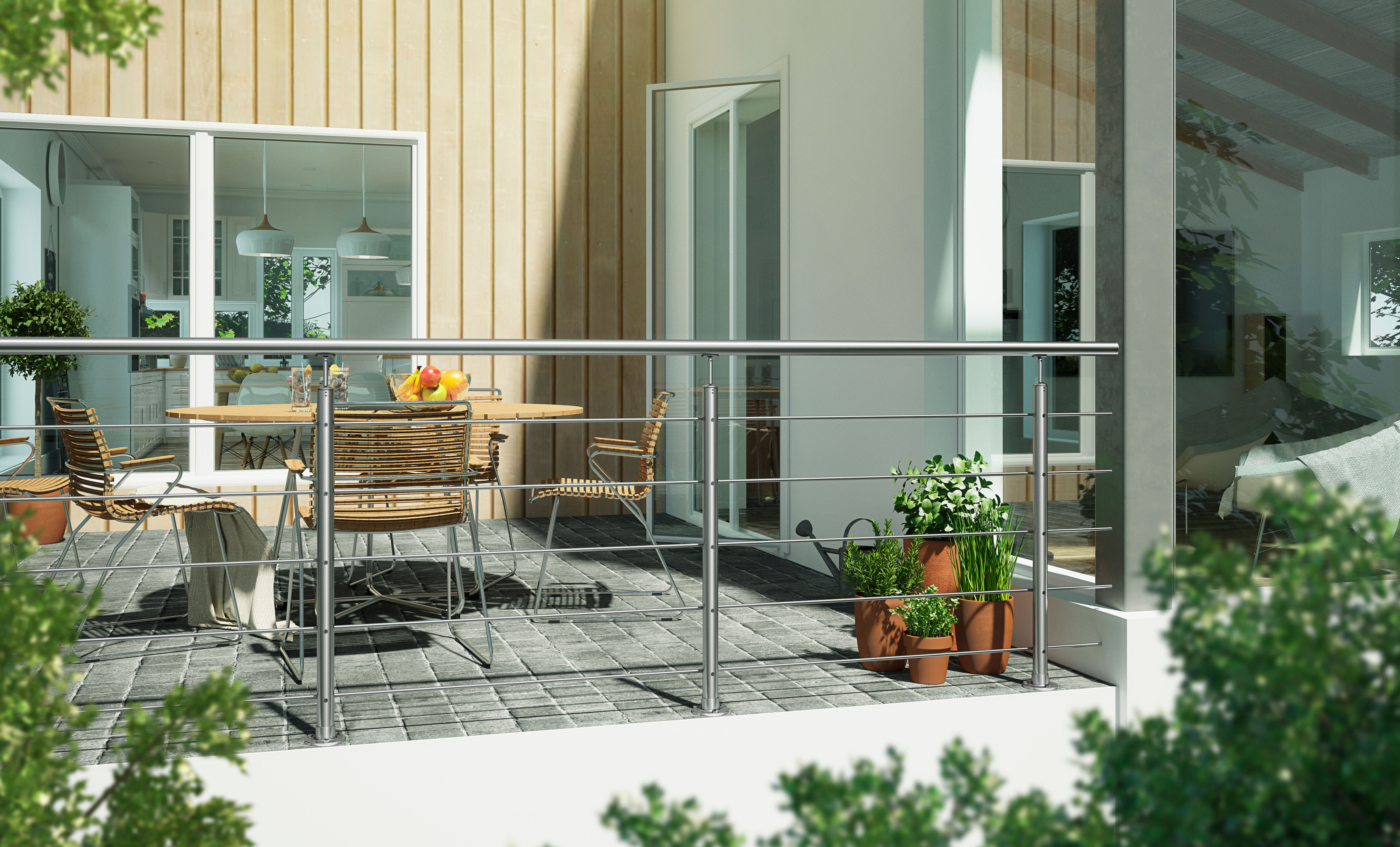 Garde-corps HARMONY : acier inoxydable, résistante aux intempéries, adaptée à l’intérieur et à l’extérieur.