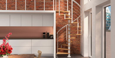 Escalier hélicoïdal à structure compacte, idéal pour un accès élégant et optimisé.