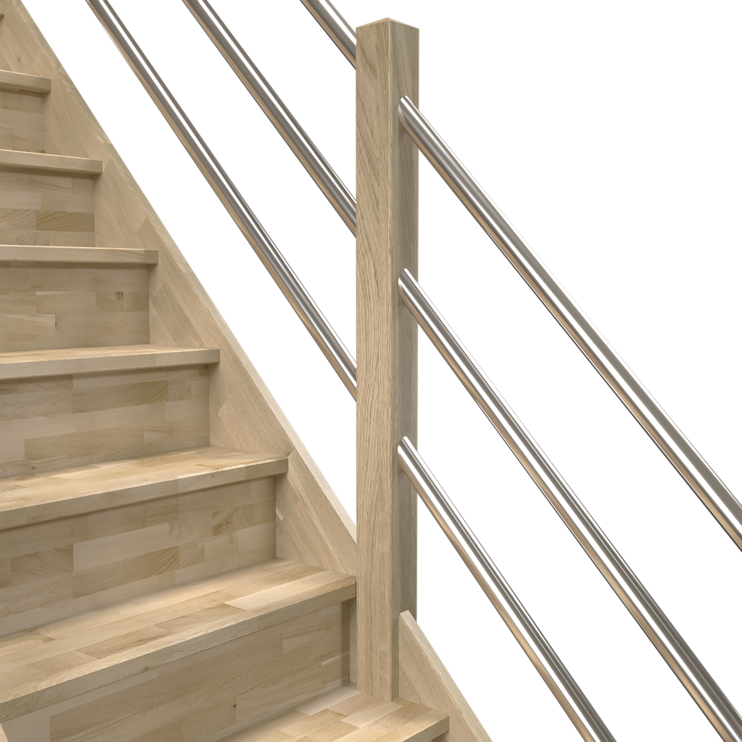 Image d'un escalier à contremarches fermées ayant une rampe moderne et épurée, comportant des rails en tube d'acier horizontal pour un design minimaliste.