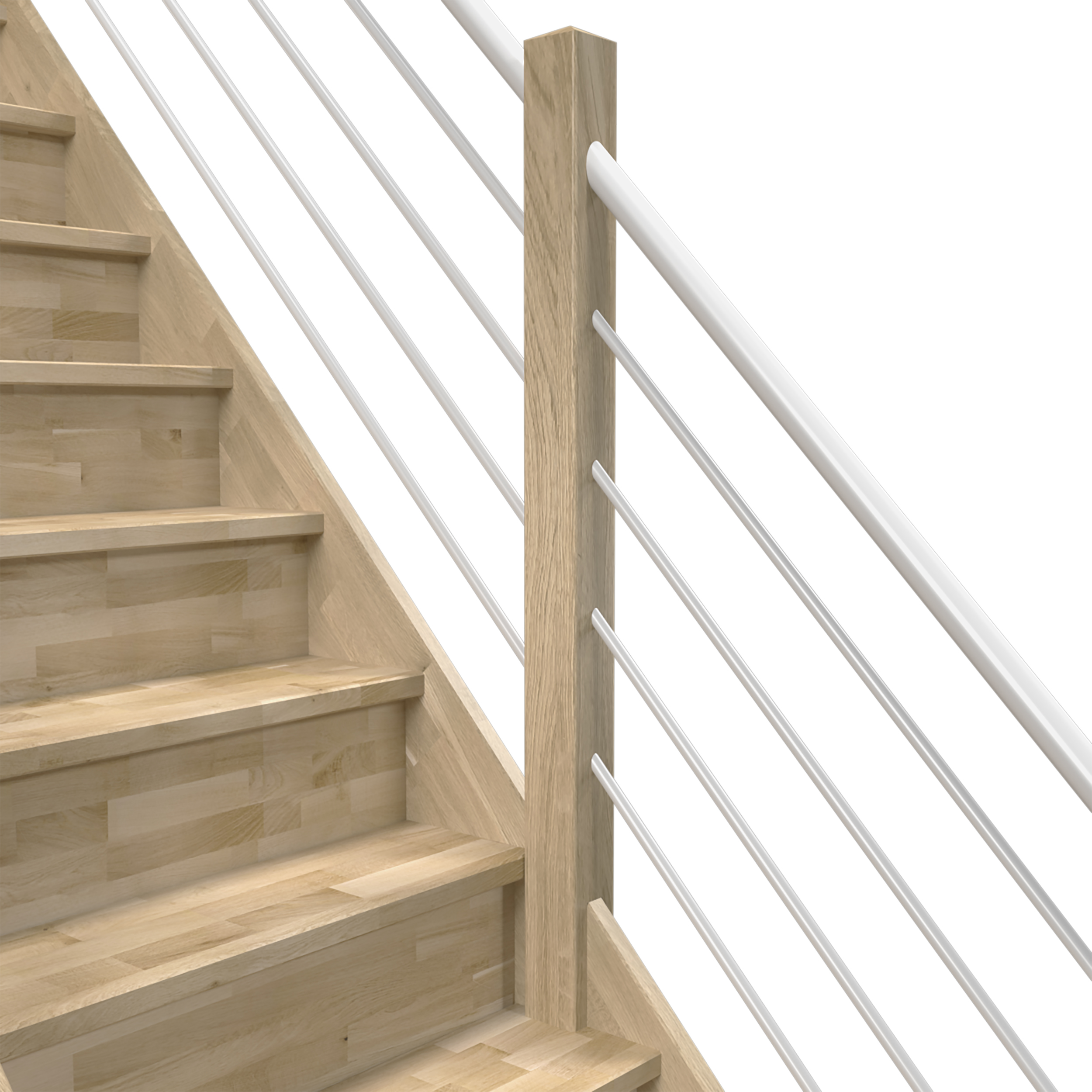 Image d'un escalier à contremarches fermées avec une rampe moderne comportant des rails horizontaux en tube d'acier blanc pour un style épuré et minimaliste.