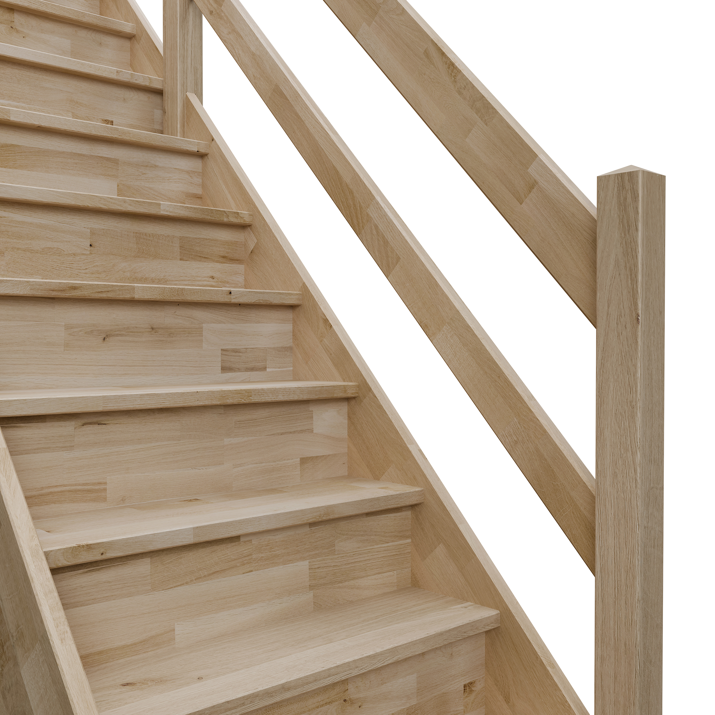 Image d'un escalier à contremarches fermées avec une rampe à lisses en bois.