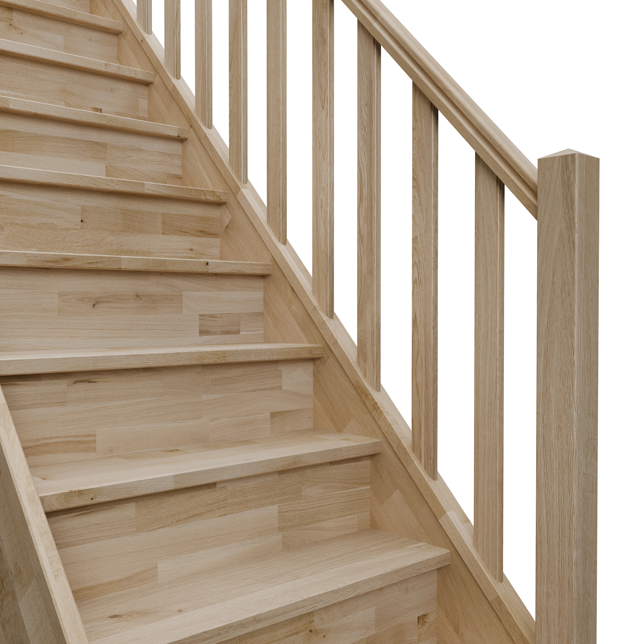 Image d'un escalier à contremarches fermées avec une rampe en bois comportant des balustres verticaux en bois, au look "classique".