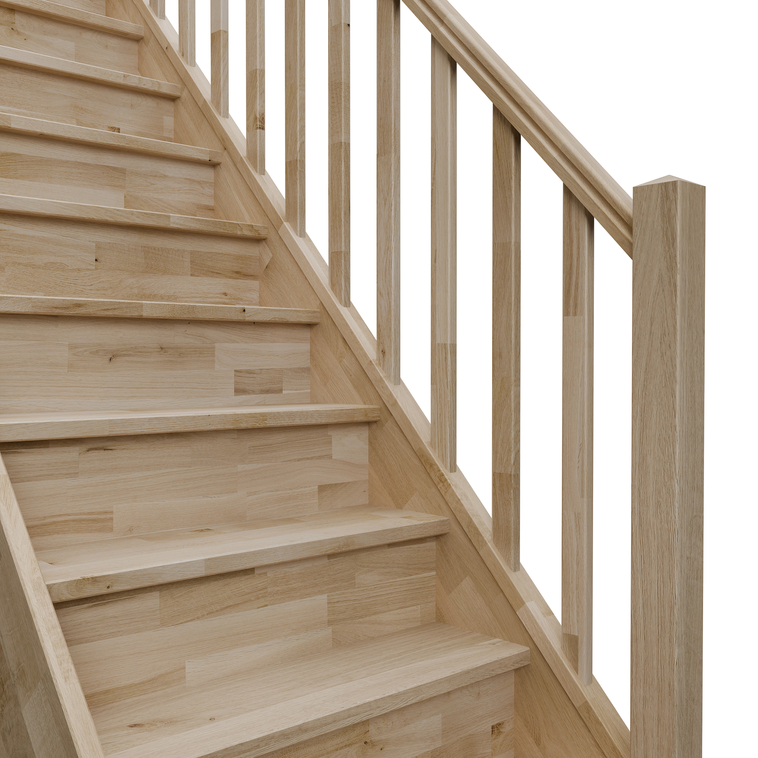 Image d'un escalier à contremarches fermées avec une rampe en bois comportant des balustres verticaux en bois, au look "moderne".