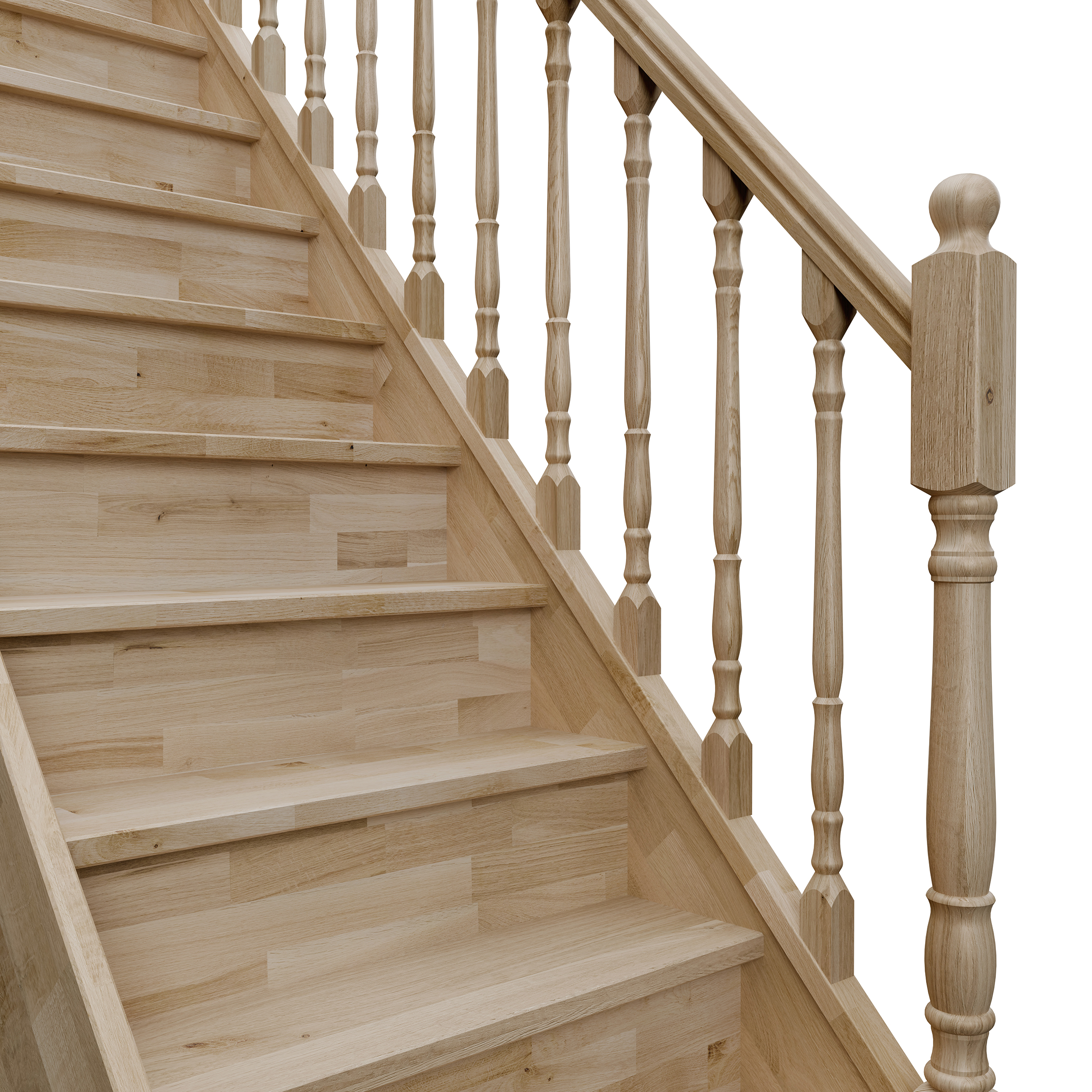Image d'un escalier à contremarches fermées avec une rampe en bois et des balustres en bois tournés "classique" décoratifs, créant une esthétique vintage.