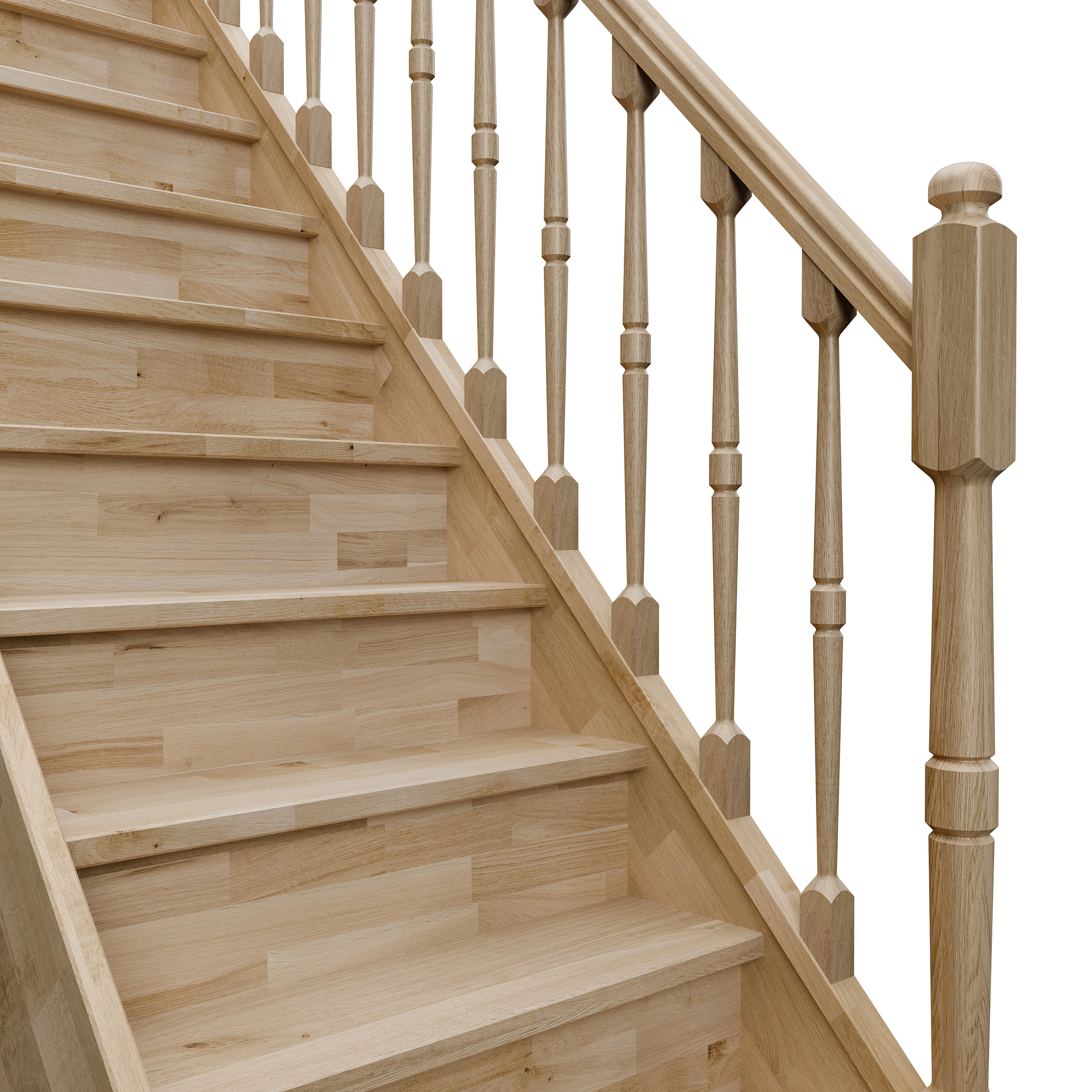 Image d'un escalier à contremarches fermées avec une rampe en bois et des balustres en bois tournés "moderne" décoratifs, créant une esthétique vintage.