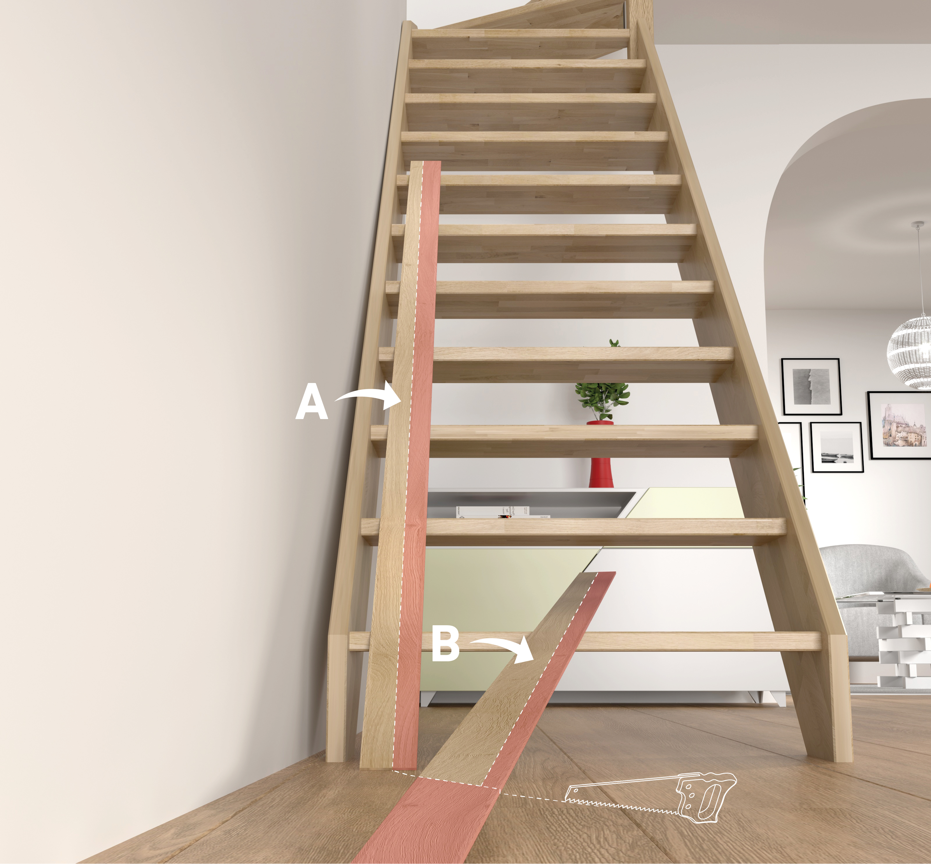 Image d'un escalier à marches ouvertes collé à un mur et qui nécessite l'installation de lattes de finition