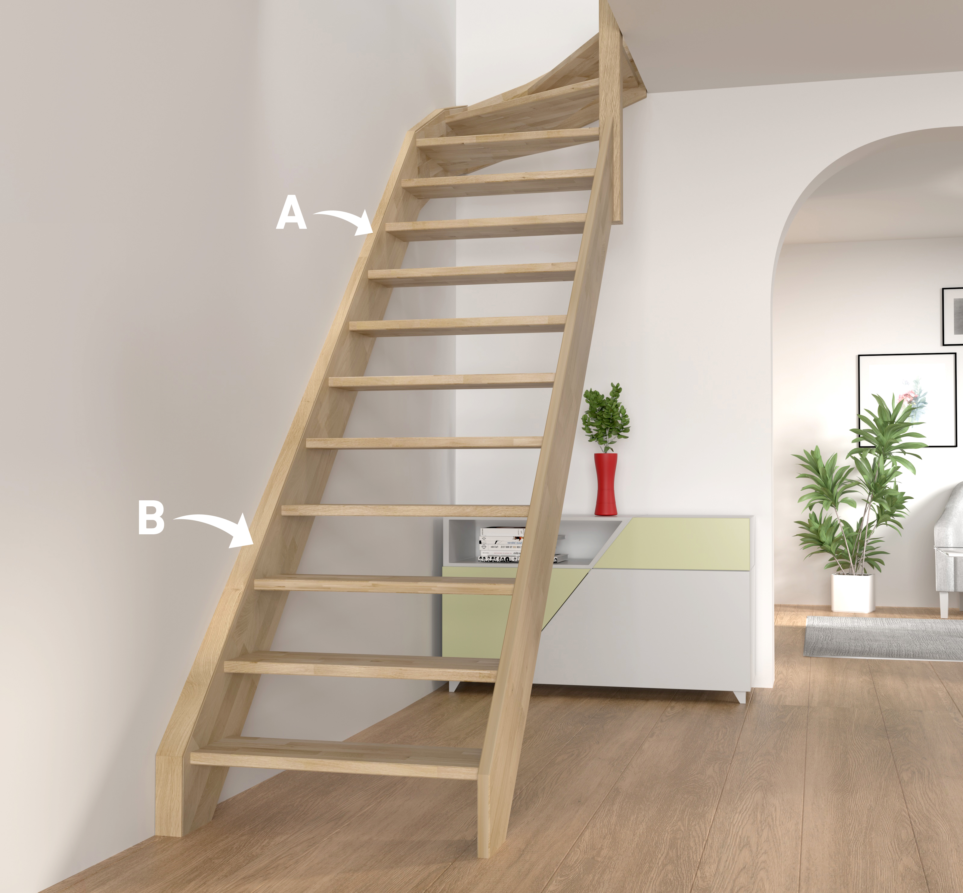 Image d'un escalier à marches ouvertes collé à un mur avec lattes de finition pour une finition au top.