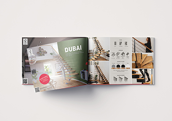 Image d'une brochure avec un escalier Dubai sur la couverture, featuring un logo SOGEM rouge et un cadre extérieur.